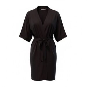 NWOT Secret Treasures Sleepwear Black Lounge Robe 2X Lace Trim Inside Tie & Belt